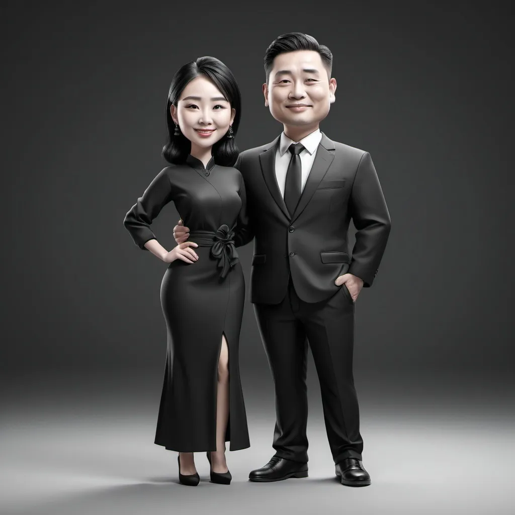 Prompt: caricature with cartoon 3d 8k 
a man and woman chinese posing for a picture together in black and white clothes, with a black gradiant background 