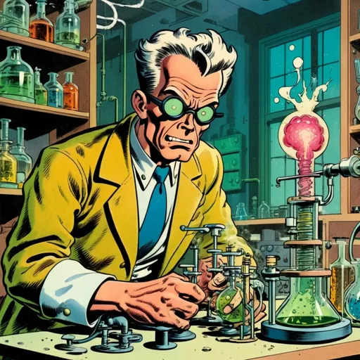 Prompt: A mad scientist in a lab, in the style of Jack Kirby and Wally Wood, 1940s vintage comic, faded colors