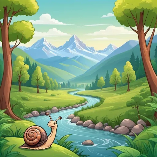 Prompt: Cartoon illustration of serene nature scene, lush green landscape, flowing river, majestic mountains in the background, tranquil atmosphere, cartoon style, nature doesn't rush, vibrant colors, peaceful setting, detailed trees and foliage, high quality, peaceful, tranquil, snail colors, cartoon style, landscape, serene atmosphere, animals 