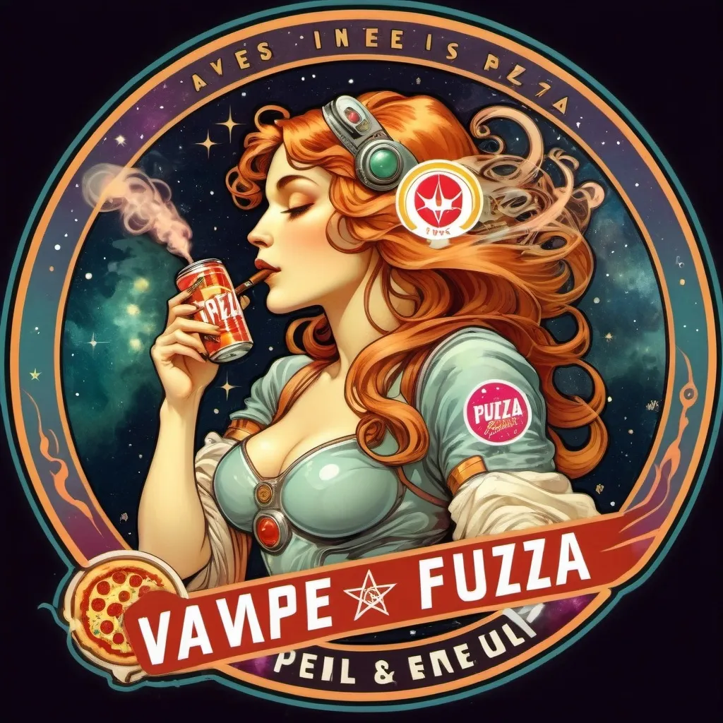 Prompt: Vapes Fuel & Pizza is the name of the logo. Astronaught outer space with an energy drink and a cigarrette in the other