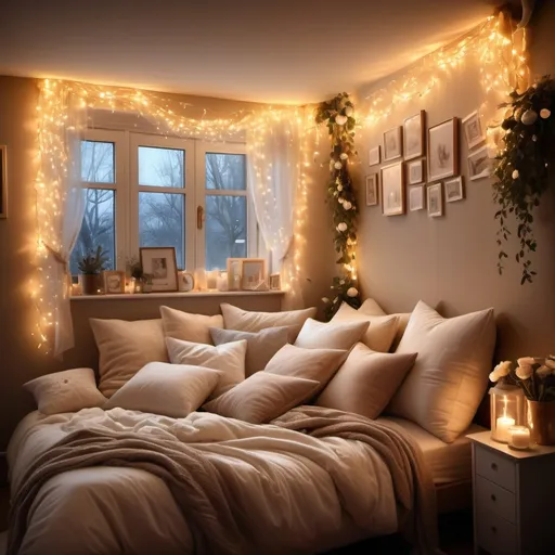 Prompt: Fairy lights gently illuminating a cozy room, warm golden glow casting soft patterns, romantic ambiance, heartfelt essence, dreamy atmosphere, adorned with delicate accents, surrounded by plush pillows and sentimental notes, a visual expression of longing and affection, evoking memories and whispering sweet nothings, ultra-detailed, emotionally captivating.