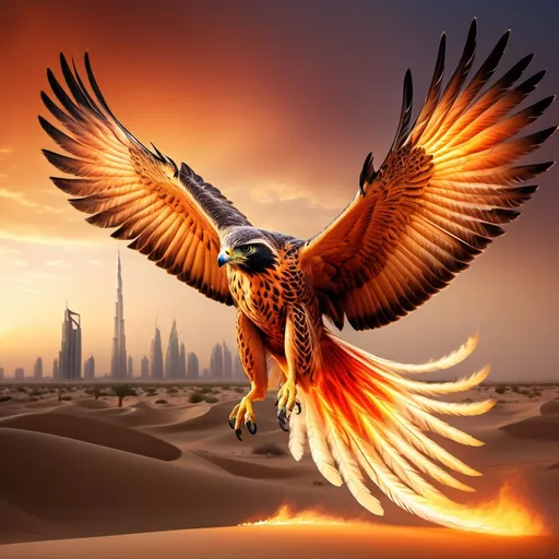 Prompt: majestic fiery falcon hybrid with fire wings like a phoenix, soaring over a desert dubai landscape, resembling a phoenix, high quality, surrealism, realistic, fiery wings, majestic falcon, desert dubai, phoenix-like, photorealistic, surreal, detailed feathers, intense gaze, vibrant colors, professional, surreal lighting