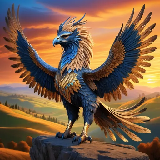 Prompt: A majestic griffon kanis standing on two feet, showcasing a powerful and proud pose, etched against a mythical landscape. Featuring vibrant plumage cascading across its back with golden and deep blue hues, the creature's keen eyes glow vividly. The background is a captivating mix of rolling hills and a radiant sunset sky, creating an intense, magical ambiance. High definition, ultra-detailed, captivating storytelling visual.