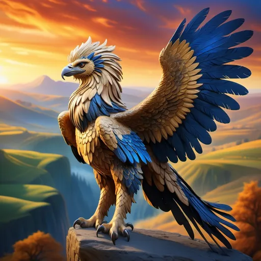 Prompt: A majestic griffon kanis standing on two feet, showcasing a powerful and proud pose, etched against a mythical landscape. Featuring vibrant plumage cascading across its back with golden and deep blue hues, the creature's keen eyes glow vividly. The background is a captivating mix of rolling hills and a radiant sunset sky, creating an intense, magical ambiance. High definition, ultra-detailed, captivating storytelling visual.