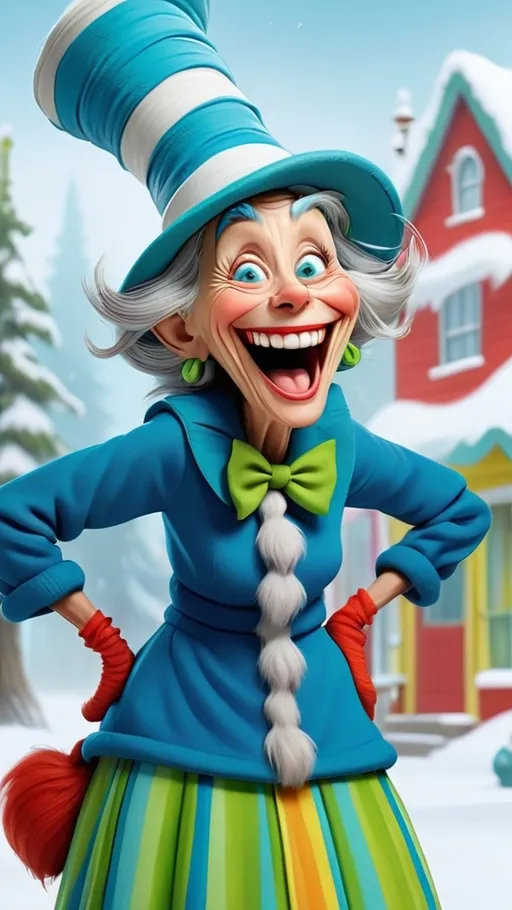 Prompt: Extreme long view of a laughing granny in Dr. Seuss style, adorned in vibrant blue and green striped attire, showcasing the full design of her whimsical hat. Enchanting Whoville winter theme in the background, playful 3D animated elements, emphasizing a cheerful and joyous ambiance. Ultra-detailed, colorful, vibrant imagery capturing the whimsical essence and spirit of Dr. Seuss's world.