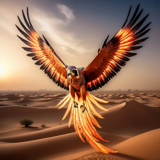 Prompt: majestic fiery falcon hybrid with fire wings like a phoenix, soaring over a desert dubai landscape, resembling a phoenix, high quality, surrealism, realistic, fiery wings, majestic falcon, desert dubai, phoenix-like, photorealistic, surreal, detailed feathers, intense gaze, vibrant colors, professional, surreal lighting