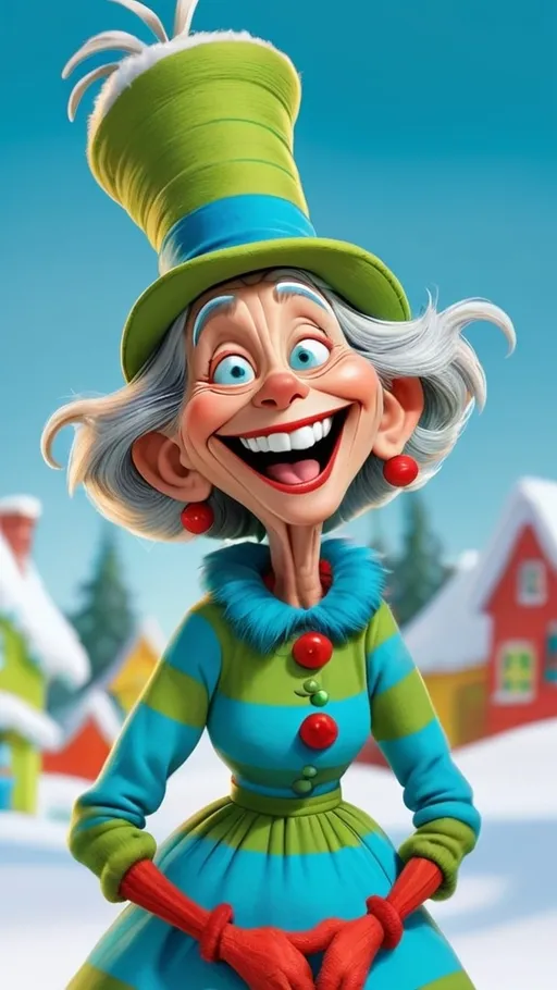 Prompt: Extreme long view of a laughing granny in Dr. Seuss style, adorned in vibrant blue and green striped attire, showcasing the full design of her whimsical hat. Enchanting Whoville winter theme in the background, playful 3D animated elements, emphasizing a cheerful and joyous ambiance. Ultra-detailed, colorful, vibrant imagery capturing the whimsical essence and spirit of Dr. Seuss's world.