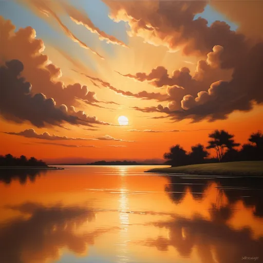 Prompt: Sunset scene, warm golden and deep orange hues blending into a serene sky, silhouetted clouds casting soft shadows, tranquil ambiance, calming atmosphere, peaceful feeling, gentle breeze, a tranquil body of water reflecting the sunset colors, dappled light playing on surfaces, harmonious and inviting, ultra-detailed, serene landscape that embodies a perfect evening, creating a sense of gratitude and relaxation, <<THE_MARKER>> Good evening 🙏.
