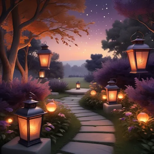Prompt: Good evening 🙏, warm twilight ambiance, serene skies with a gradient of muted oranges and deep purples, subtle stars beginning to twinkle, gentle breeze rustling leaves, cozy atmosphere inviting relaxation, softly glowing lanterns illuminating a peaceful garden scene, ultra-detailed, high definition, atmospheric depth creating a tranquil mood.