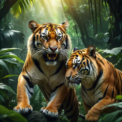 Prompt: Buatkan harimau tengah berlawan dengan kucing, fierce jungle clash, dramatic lighting, vibrant contrasting colors, intense wildlife scene, dynamic poses of both animals, heightened emotions of determination and surprise, dense greenery in the background, soft shadows enhancing depth, ultra-detailed, high quality, 4K resolution.