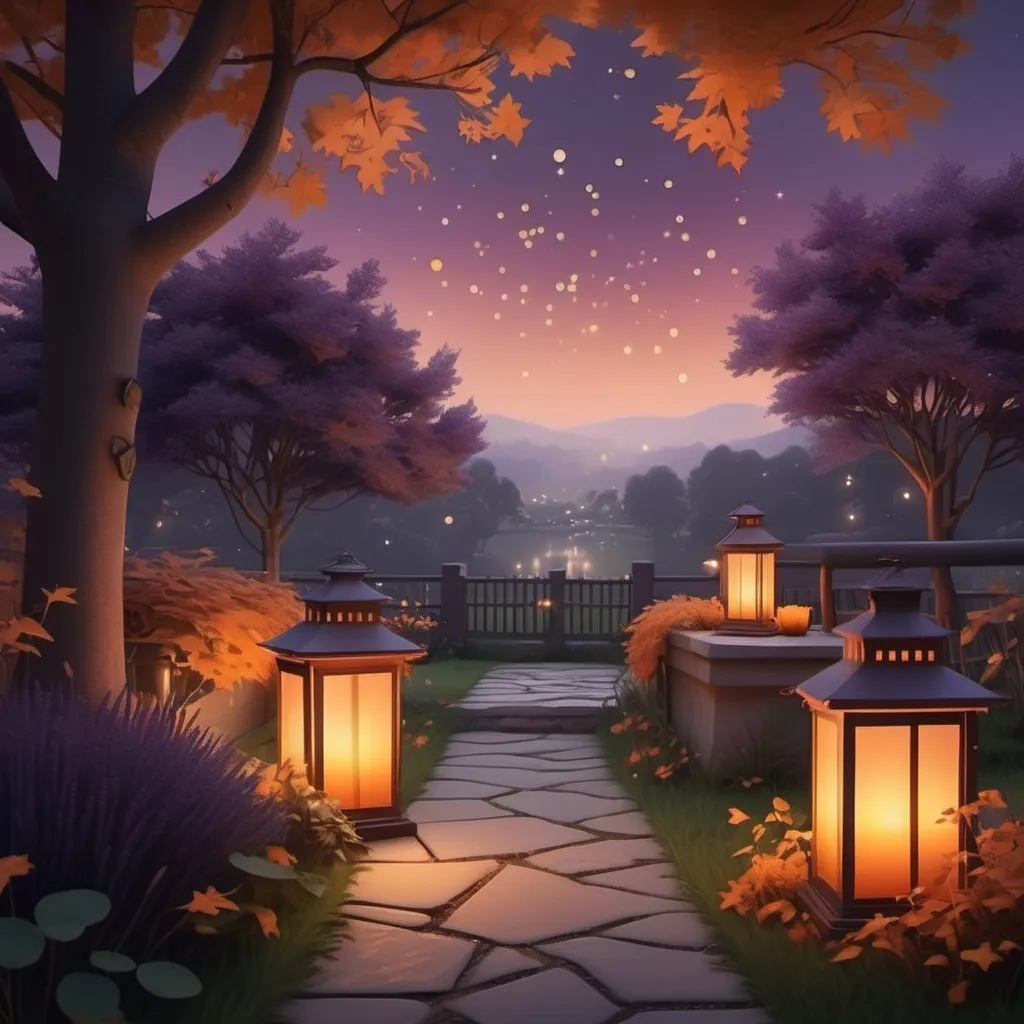 Prompt: Good evening 🙏, warm twilight ambiance, serene skies with a gradient of muted oranges and deep purples, subtle stars beginning to twinkle, gentle breeze rustling leaves, cozy atmosphere inviting relaxation, softly glowing lanterns illuminating a peaceful garden scene, ultra-detailed, high definition, atmospheric depth creating a tranquil mood.
