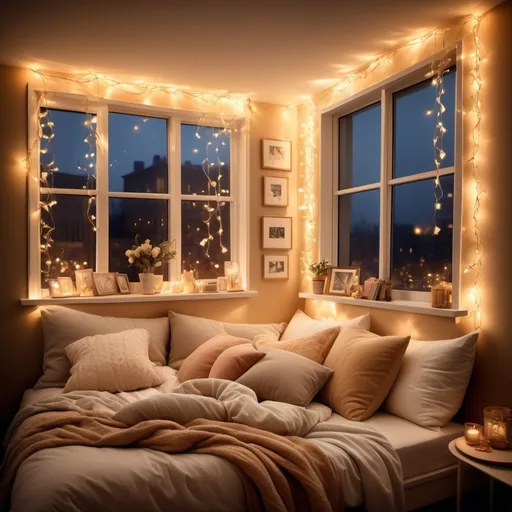 Prompt: Fairy lights gently illuminating a cozy room, warm golden glow casting soft patterns, romantic ambiance, heartfelt essence, dreamy atmosphere, adorned with delicate accents, surrounded by plush pillows and sentimental notes, a visual expression of longing and affection, evoking memories and whispering sweet nothings, ultra-detailed, emotionally captivating.