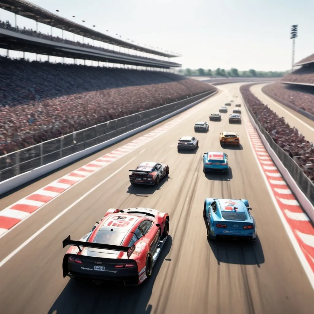 Prompt: A high-speedway racetrack with cars zooming by at dizzying speeds, the crowd roaring.