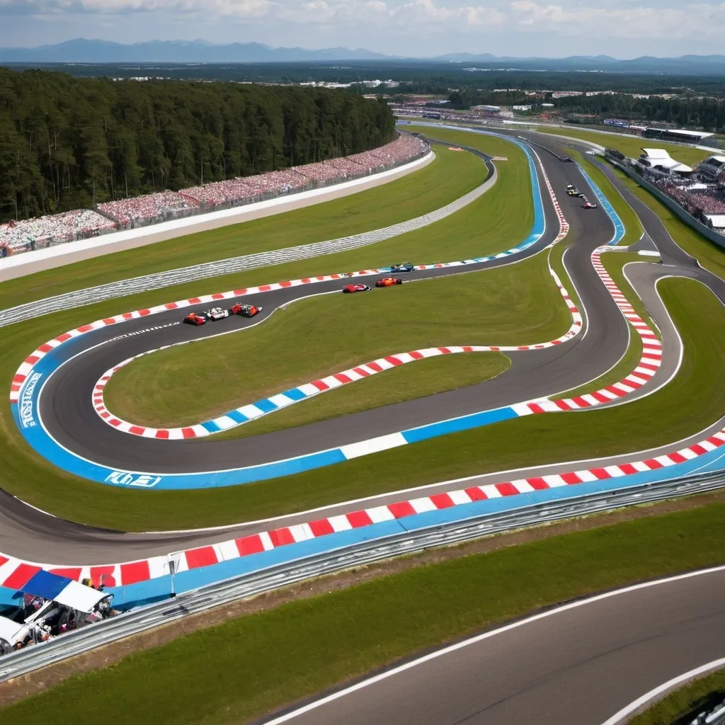 Prompt: A professional racing circuit hosting an international car race, sharp turns ahead.