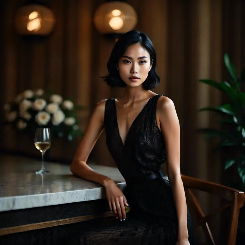 Prompt: <mymodel> black dress, sitting, at the bar