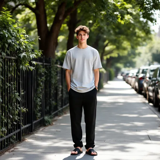 Prompt: Standing confidently on a sunlit sidewalk, a young man captures attention with a casual outfit that includes a light gray t-shirt and black sweatpants, paired with oversized black slippers. Behind him, a large tree casts dappled shadows, blending nature with the urban landscape that features parked cars lining the street. The scene is vibrant and alive, with greenery spilling over the fence and the morning sun illuminating the surroundings, suggesting a warm, pleasant day. His relaxed posture and the peace of the environment evoke a sense of ease and tranquility, while the neatly paved sidewalk hints at a well-maintained city area. The overall mood conveys a moment of calm in a bustling urban setting.