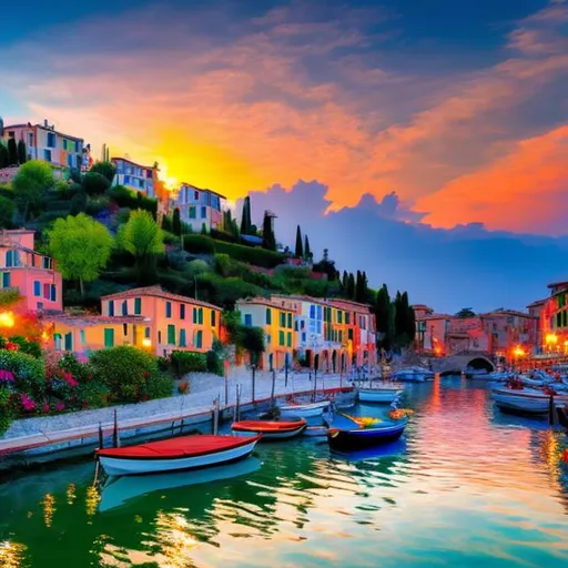 Prompt: A quaint Italian seaside village with colorful buildings, boats, and the reflection of the setting sun on the water, in the impressionist style of Claude Monet, with visible brush strokes and dappled light.
