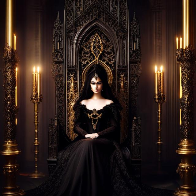 Prompt: A portrait of a mysterious woman sitting in an ornate, gothic throne room, with subtle elements of fantasy and magical realism, painted with the dark and dramatic style of the Baroque period.