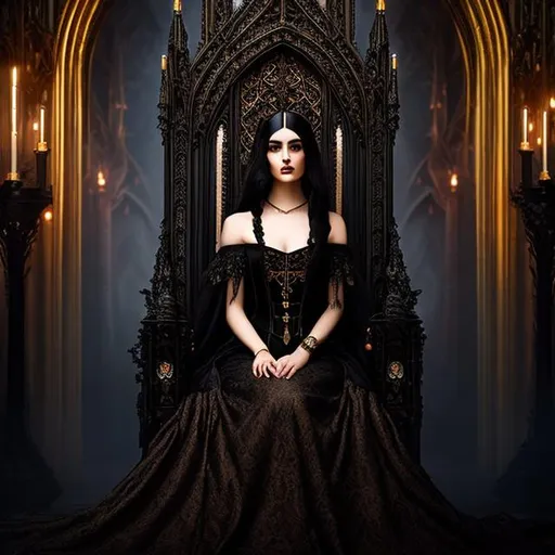 Prompt: A portrait of a mysterious woman sitting in an ornate, gothic throne room, with subtle elements of fantasy and magical realism, painted with the dark and dramatic style of the Baroque period.