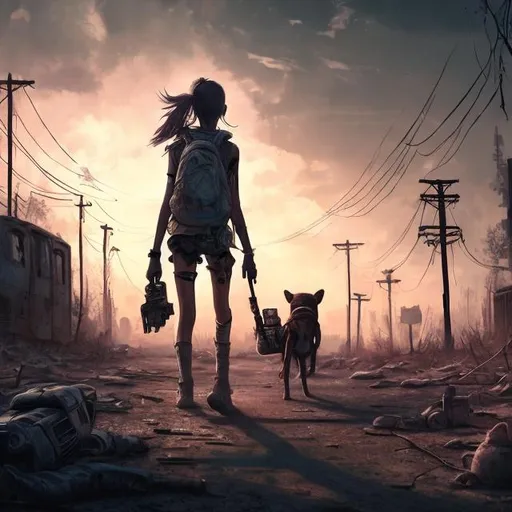 Prompt: A teenage girl walking in a post-apocalyptic wasteland, with a backpack, a machete, and a robotic dog companion. --ar 3:4 --s 1250 --uplight --q 2