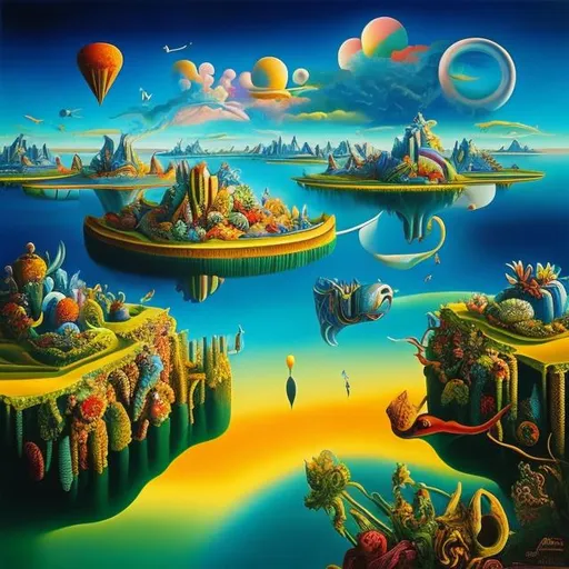 Prompt: A surrealist painting that depicts a dreamlike scene with floating islands, bizarre creatures, and distorted perspectives, inspired by Salvador Dalí and Max Ernst, with intricate details and vibrant colors.
