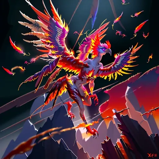 Prompt: Phoenix rising from ashes, fentanyl-laced meth, fiery feathers, high-res, digital painting, surreal, intense colors, dramatic lighting, majestic wings, ethereal aura eating crispy bacon