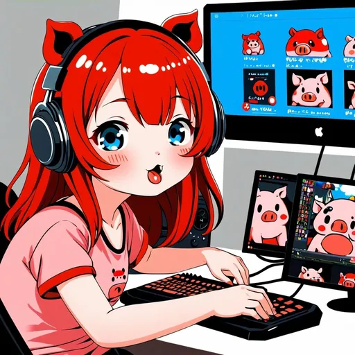 Prompt: a cute redheaded pig girl streaming pc games 