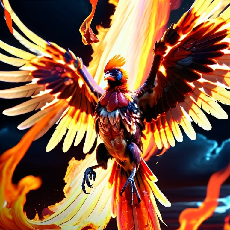 Prompt: Phoenix rising from ashes, fentanyl-laced meth, fiery feathers, high-res, digital painting, surreal, intense colors, dramatic lighting, majestic wings, ethereal aura eating crispy bacon