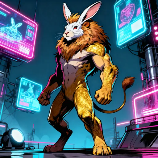 Prompt: Personaje fantástico con cabeza e conejo y cuerpo de león. Efecto comic y Ambiente neopunk
