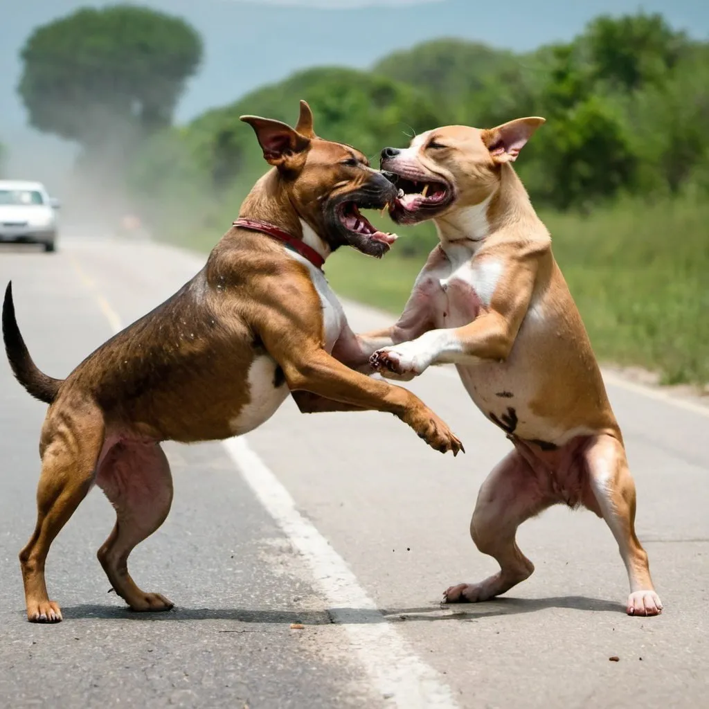 Prompt: Dog  fighting on road