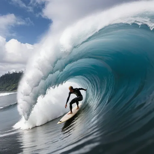 Prompt: A surfer deep inside the barrel of a giant tsunami