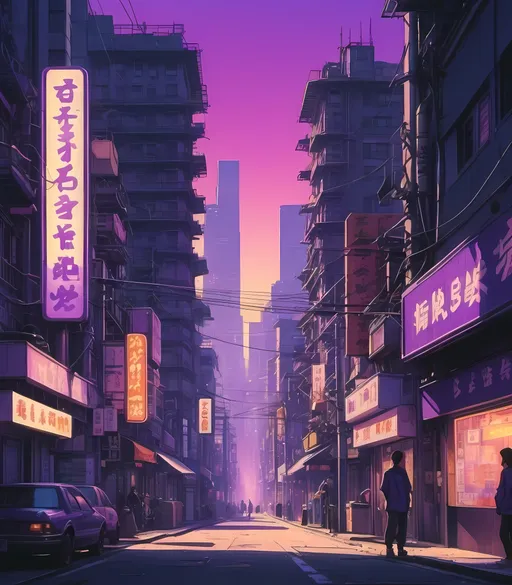 Prompt: 1990s anime cityscape, daytime, sunrise with purple hue, neon signs, film grain, high depth cinematic masterpiece, vibrant colors, warm and cool tones blending, nostalgic atmosphere, detailed buildings and streets, crowded urban environment, ultra-detailed, glowing signs, sunlight streaming, intricate architecture, shadow play, hazy background, enchanting mood.