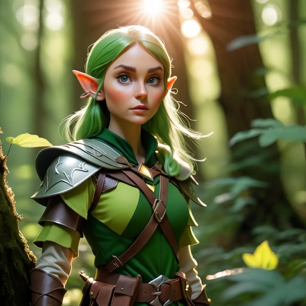 Prompt: Elf ranger in a mystical forest around sunlight