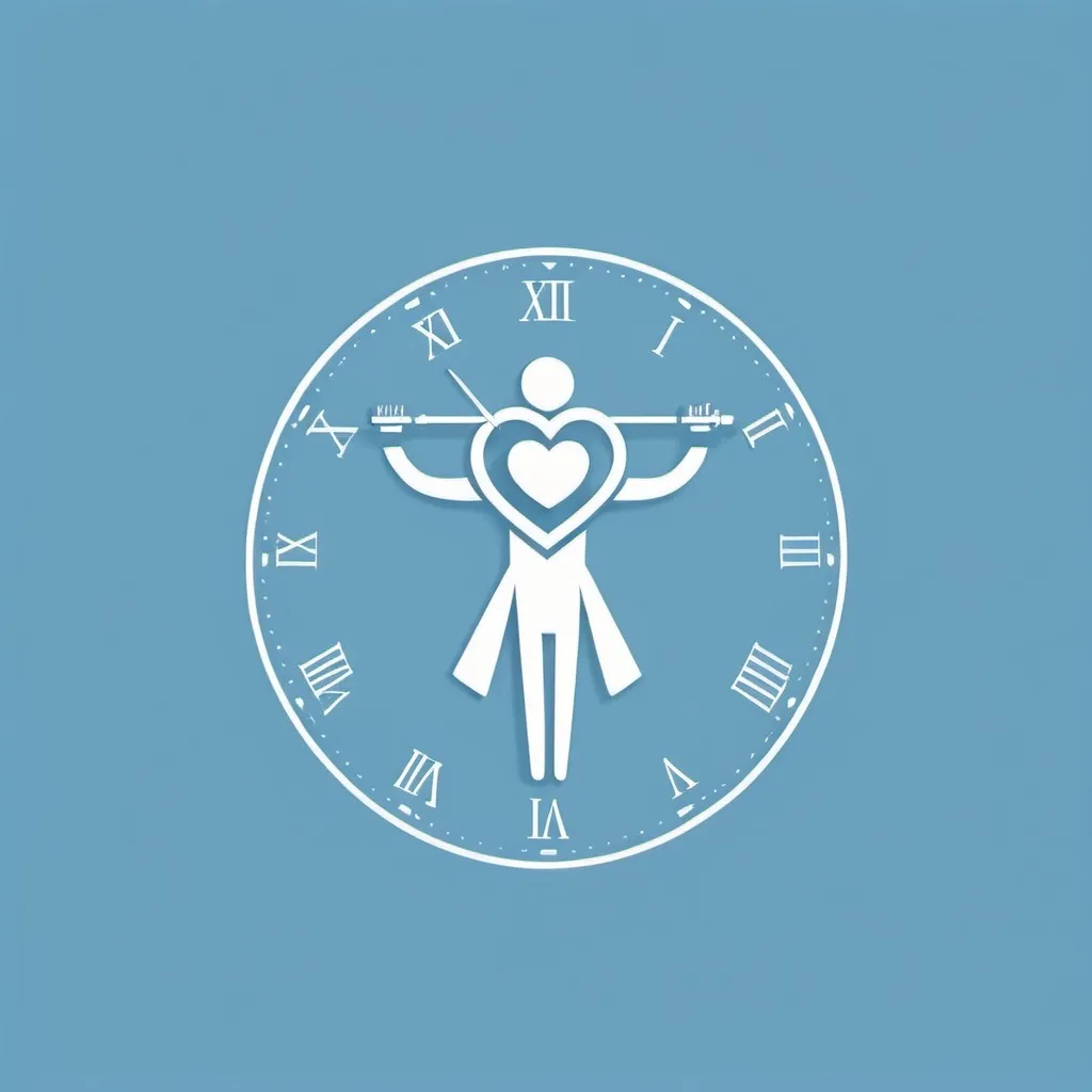 Prompt: A minimalist logo with a human figure holding a heart and a clock, with the text 'Work-life balance' in a calming blue font