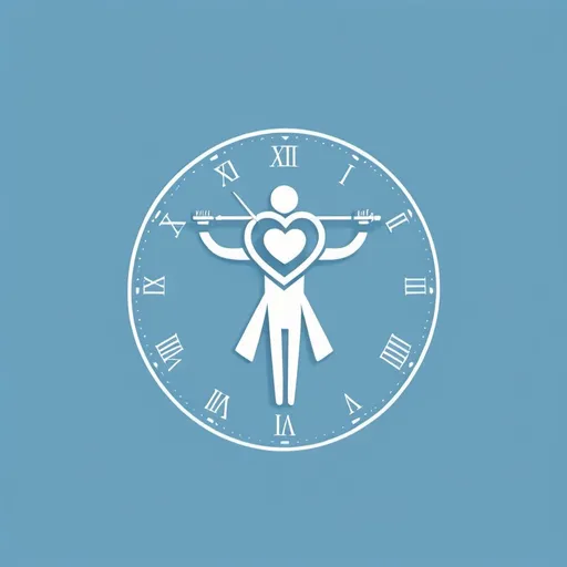 Prompt: A minimalist logo with a human figure holding a heart and a clock, with the text 'Work-life balance' in a calming blue font