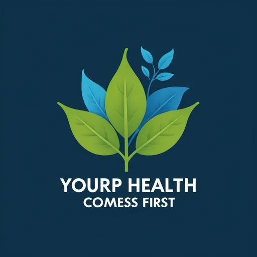 Prompt: A simple logo with a green leaf and a blue scale, with the text 'Your health comes first' in a bold font
