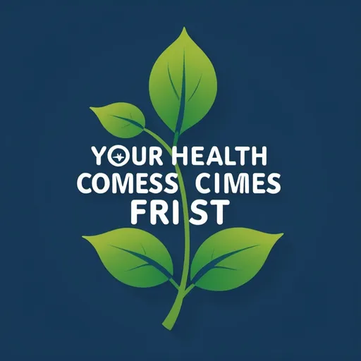 Prompt: A simple logo with a green leaf and a blue scale, with the text 'Your health comes first' in a bold font