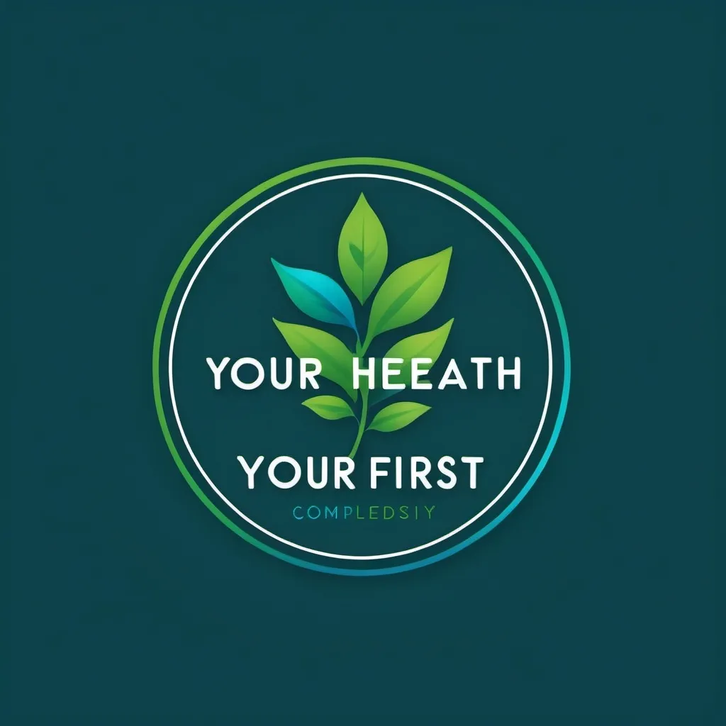 Prompt: A simple logo with a green leaf and a blue scale, with the text 'Your health comes first' in a bold font