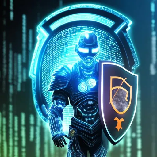 Prompt: a cyber  warrior holding this shield
