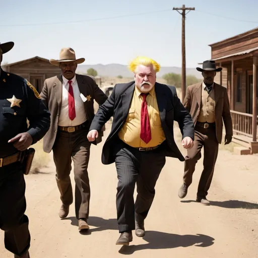 Prompt: the subject of the photo is a white criminal in his 70's has yellow dyed hair,  overweight wears a dark suit with a red tie. the criminal has has no facial hair and does not wear a hat. he is in the old west being chased by an African American sheriff and his deputies