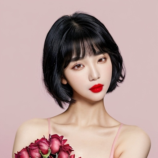 Prompt: A youthful kpop idol with black short hair bangs, pink lipstick, red blush and holding flowers