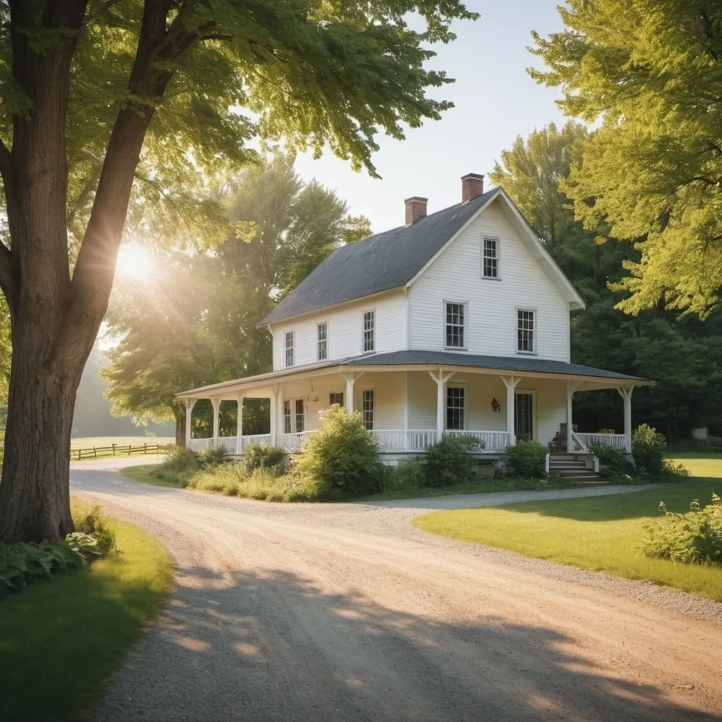 Prompt: A cozy farm house on a beautiful sunny day with a shady gravel driveway with trees on either side leading up to it.