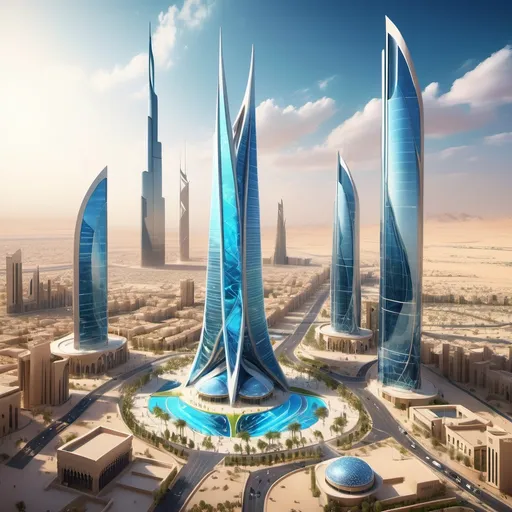 Prompt: Ultra-detailed vision of Vision 2030 Saudi Arabia, futuristic skyline, innovative architecture blending tradition and modernity, vibrant colors, clear blue skies, bustling atmosphere, people engaged in community activities, advanced technologies present, rich cultural elements, sunlight reflecting off polished surfaces, immersive scene showcasing a thriving nation, high resolution, stunning clarity, cinematic quality.