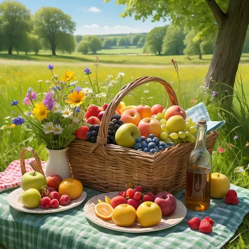 Prompt: A picnic on a green meadow with a basket of fruits and flowers with the text "laat het smaken"