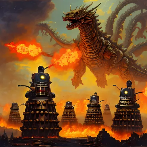 Prompt: dramatic oil painting multiple dalek invading a city firing lasers, with the assistance of a giant dragon in the sky above, breathing fire down 
Western American style of Frederic Remington