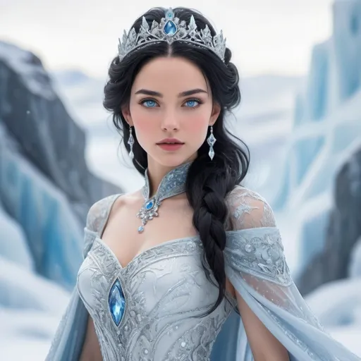 Prompt: Powerful Princess with Black Hair and Blue Eyes, (ethereal presence), standing majestically amidst a sparkling Arctic landscape, flurries of soft snow swirling around her, icy blue and white tones, shimmering in soft, cool light, intense gaze exuding confidence, elegant royal attire adorned with a delicate silver pattern, crystalline ice formations in the background, (ultra-detailed), (high quality).