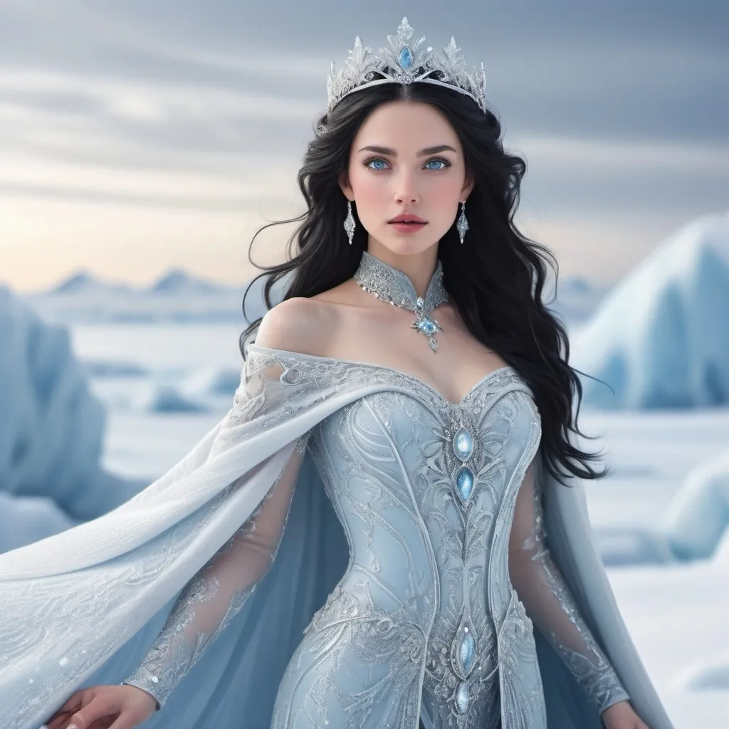 Prompt: Powerful Princess with Black Hair and Blue Eyes, (ethereal presence), standing majestically amidst a sparkling Arctic landscape, flurries of soft snow swirling around her, icy blue and white tones, shimmering in soft, cool light, intense gaze exuding confidence, elegant royal attire adorned with a delicate silver pattern, crystalline ice formations in the background, (ultra-detailed), (high quality).