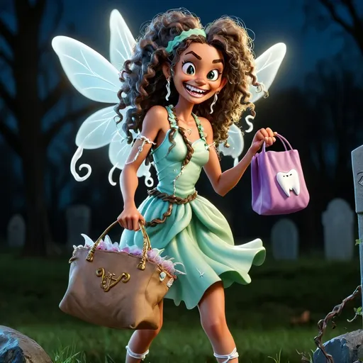 Prompt: Ethereal but evil tooth fairy, with sharp teeth.  She is graverobbing and is Holding a wand and a bag full of teeth. Background of a grave at nightime. She has long loose curly hair with braids in them. Wearing a stereotypical tooth fairy outfit but tattered and old.  She is not looking at the camera, and has a serene smile 