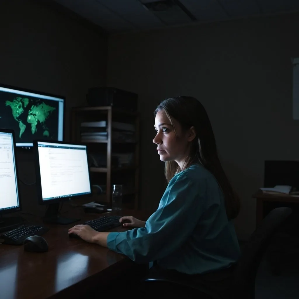 Prompt: Female doctoral candidate sits in a dark room. You can see her logging into a desktop computer from behind.