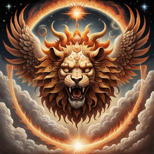 Prompt: Una criatura celestial con cuatro caras: la cara de un hombre, la cara de un león, la cara de un toro y la cara de un águila. La criatura tiene cuatro alas, cada una cubierta de ojos que brillan como estrellas. La criatura está rodeada de una nube de fuego que arde con intensidad. En el centro de la nube, hay una gran rueda que gira con rapidez, rodeada de cuatro ruedas más pequeñas que se mueven en diferentes direcciones. La escena está iluminada por un resplandor celestial que emana de la criatura y la nube de fuego